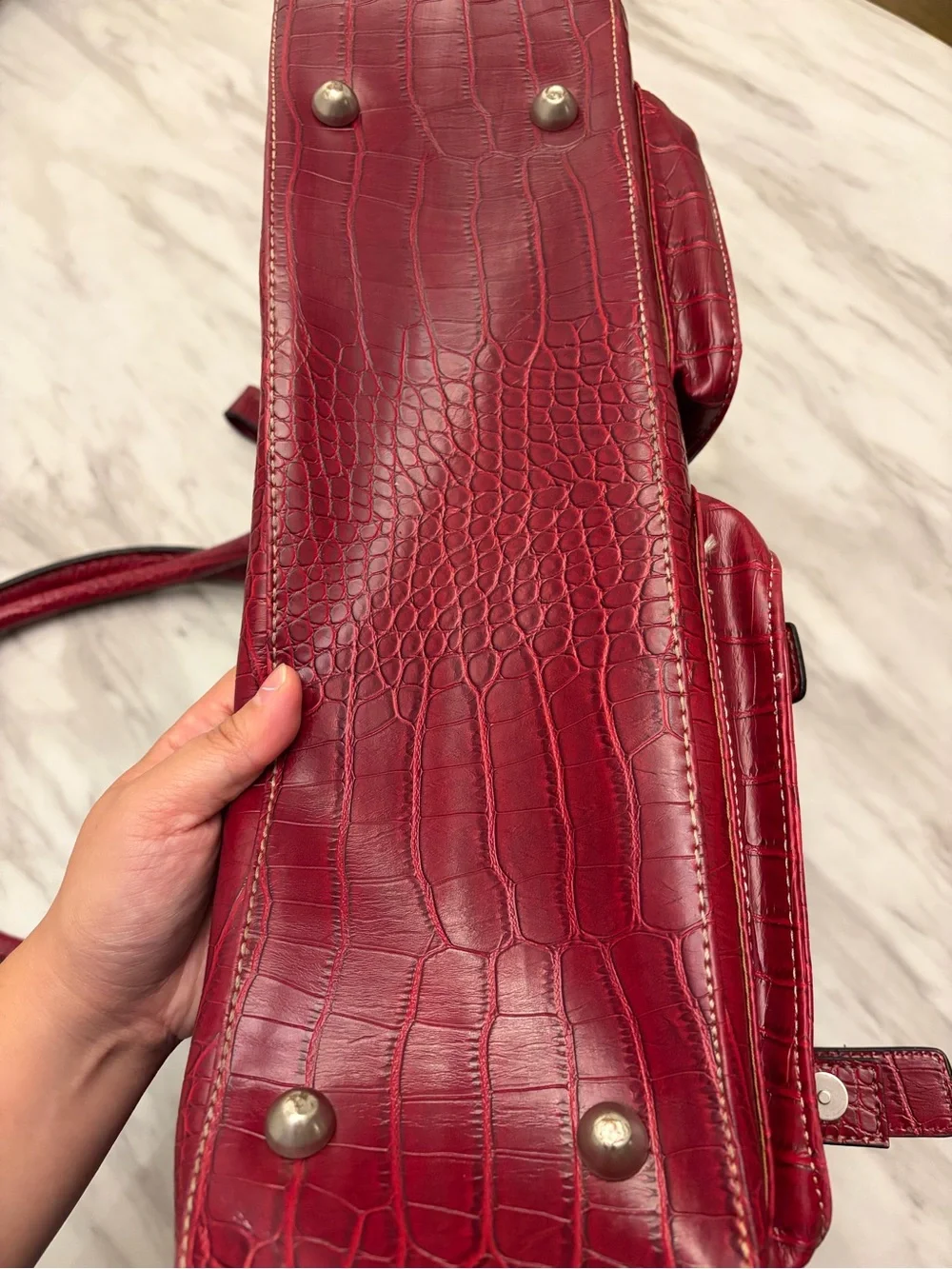 Red Croc Embossed Satchel Handbag 3 Buckle Pockets Structured Tote